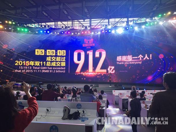 天貓雙11交易額15小時(shí)破紀(jì)錄 總額或首次破千億